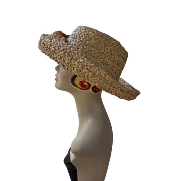 Boho Straw Sun Hat Mesh Flower Accent Beach Vacation Cottagecore Chic main image 8